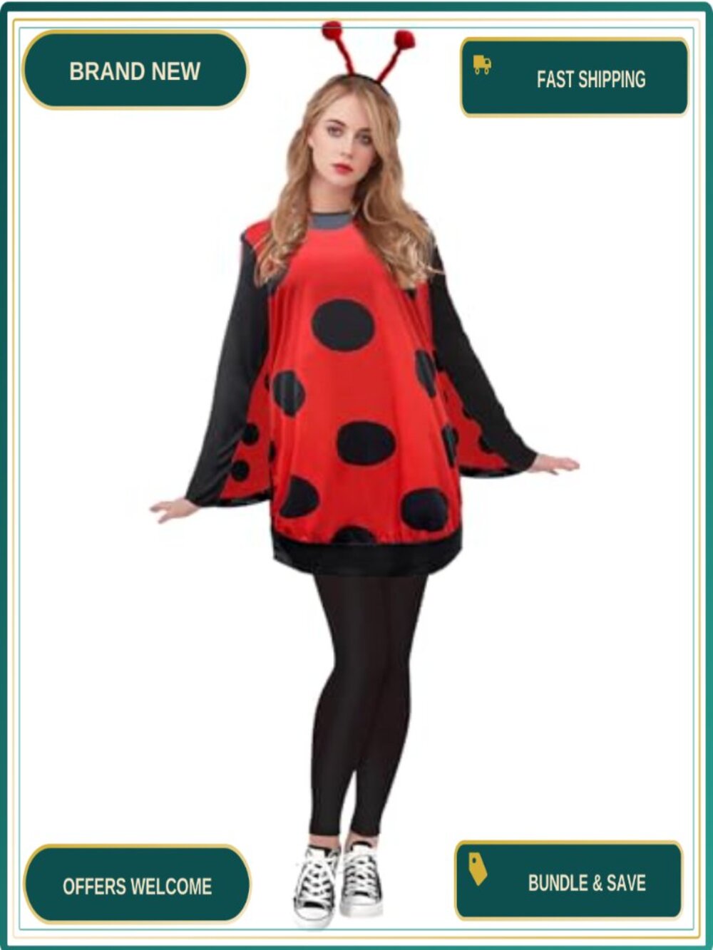Womens Ladybug Costume Set with Headband Wings Polka Dot Halloween